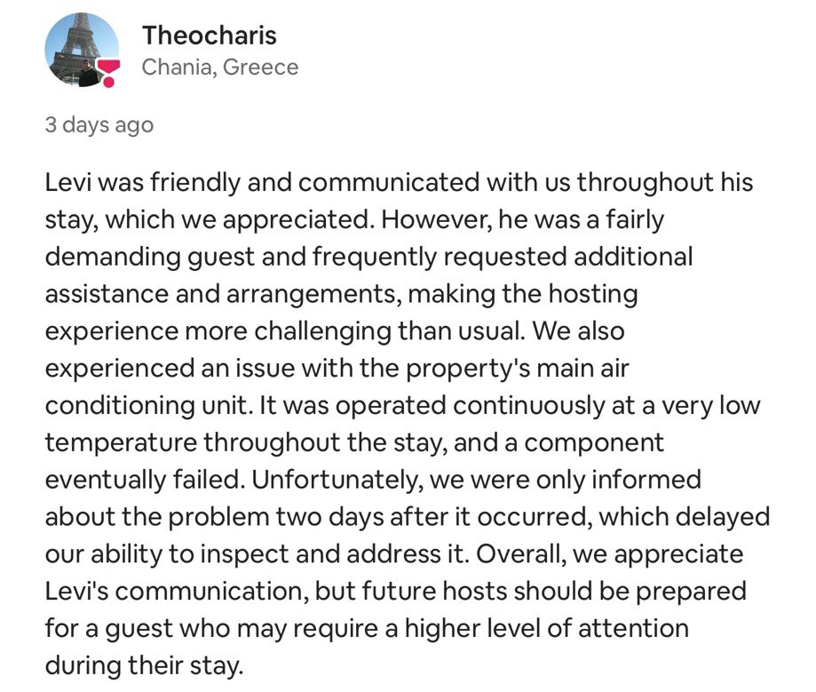 Review discussing the experience of hosting a demanding guest named Levi, highlighting communication and issues with the air conditioning unit.
