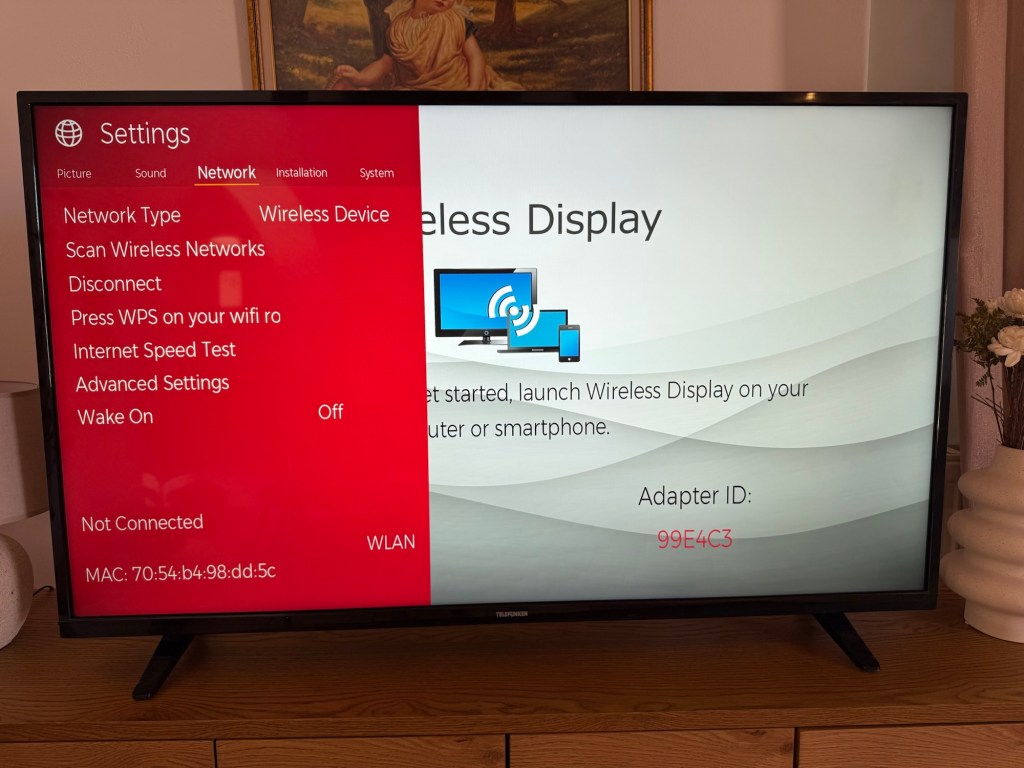 A large television screen displaying network settings, including options for wireless display, network type, and internet speed test, with an adapter ID and connection status.