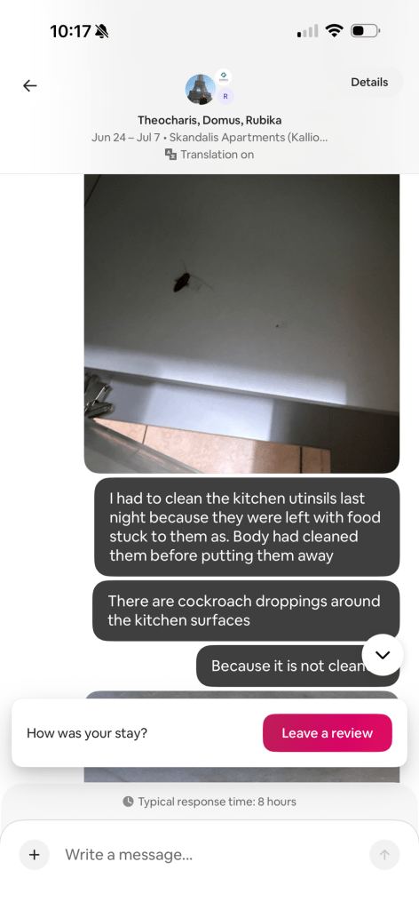 Image showing a message regarding cleanliness issues in a kitchen, including leftover food on utensils and signs of cockroach droppings.