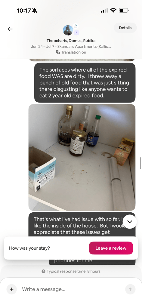 Image depicting a cluttered kitchen counter with empty bottles, food containers, and signs of dirt, highlighting issues of cleanliness and discarded expired food.